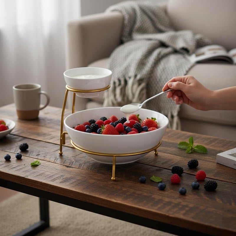 Shallow Chip and Dip Serving Set – 2 Tier Chip & Dip Bowls with Stand | White & Gold Elegant Snack Server | Stylish Tiered Serving Set for Chips, Nachos, Dips & Appetizers | Ideal for Parties, Home & Entertaining - Image 5